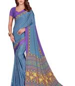 Blue printed silk saree with blouse