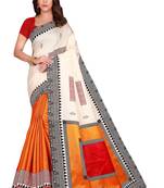 White printed art silk saree with blouse