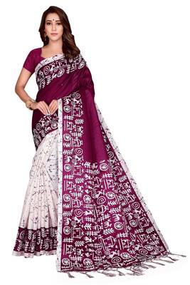 Purple printed art silk saree with blouse 1