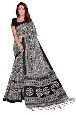 Black printed art silk saree with blouse 1
