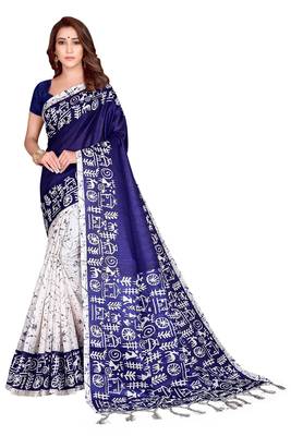 Navy blue printed art silk saree with blouse 1