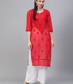 Red embroidered georgette chikankari-kurtis