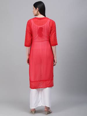 Red embroidered georgette chikankari-kurtis 3