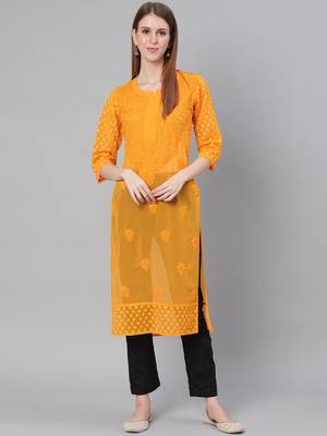 Mustard embroidered georgette chikankari-kurtis 1