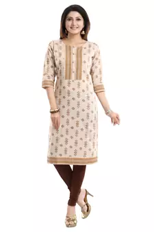 Off-white printed cotton long-kurtis