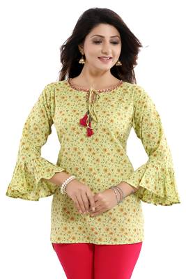 Green printed cotton short-kurtis 3