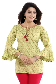 Green printed cotton short-kurtis
