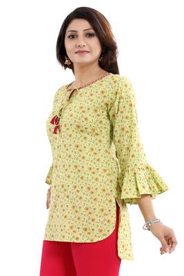 Green printed cotton short-kurtis 4