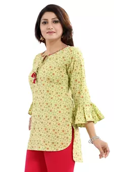 Green printed cotton short-kurtis