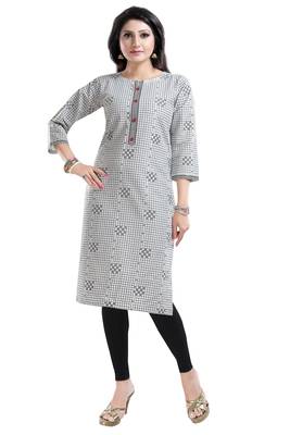 Grey printed cotton long-kurtis 1