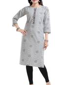 Grey printed cotton long-kurtis