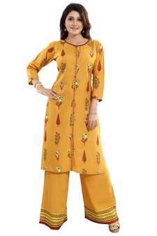 Mustard printed rayon long-kurtis