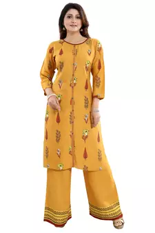 Mustard printed rayon long-kurtis