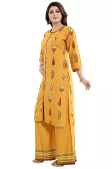 Mustard printed rayon long-kurtis