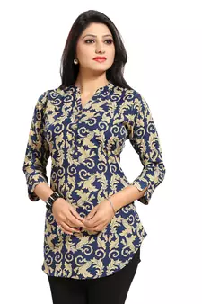 Navy-blue printed crepe short-kurtis