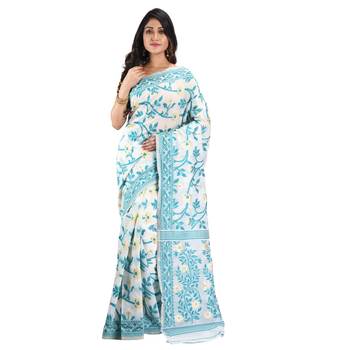 Teal hand woven khadi saree with blouse 1