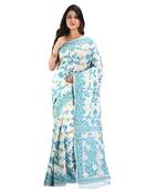 Teal hand woven khadi saree with blouse