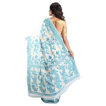 Teal hand woven khadi saree with blouse 2