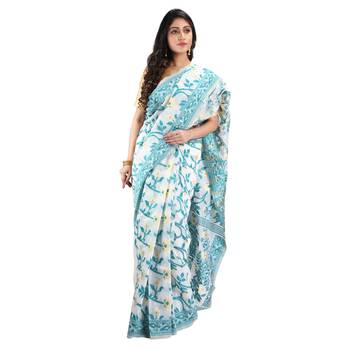 Teal hand woven khadi saree with blouse 3