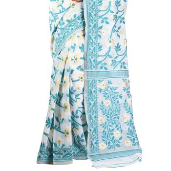 Teal hand woven khadi saree with blouse 4
