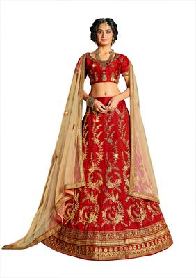 Red embroidered Art Silk semi stitched lehenga 1