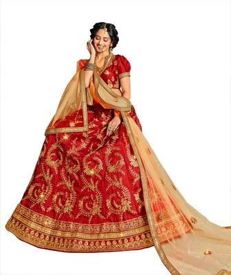 Red embroidered Art Silk semi stitched lehenga 2