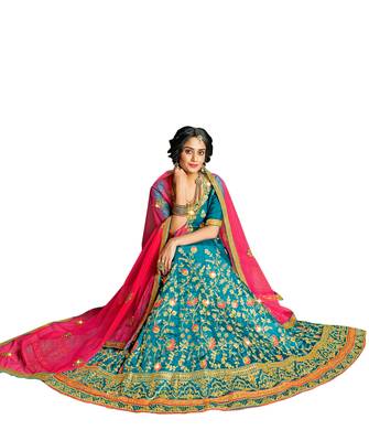 Sky-blue embroidered Art Silk semi stitched lehenga 2