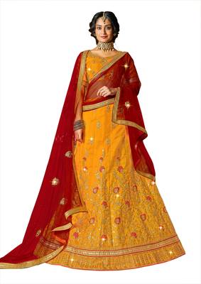 Yellow embroidered Art Silk semi stitched lehenga 1