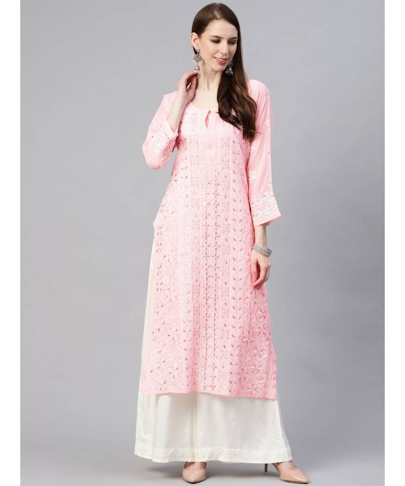 Ada Hand Embroidered Pink Georgette Chikan Kurta-Slip With Gotapatti Work - A411112