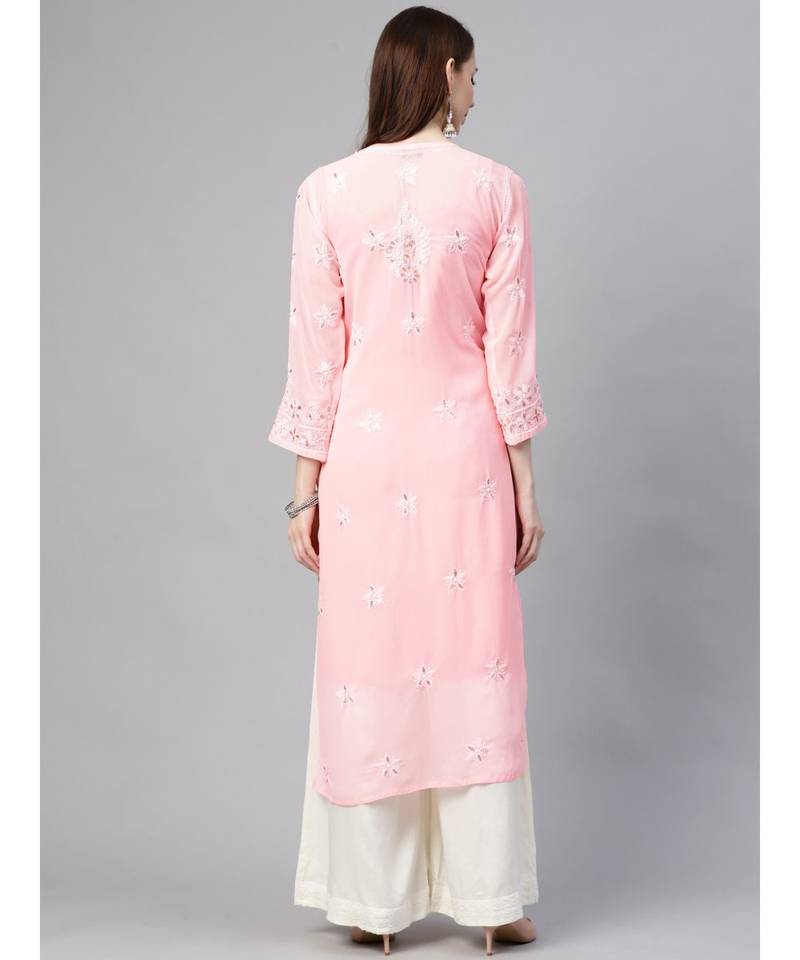 Ada Hand Embroidered Pink Georgette Chikan Kurta-Slip With Gotapatti Work - A411112