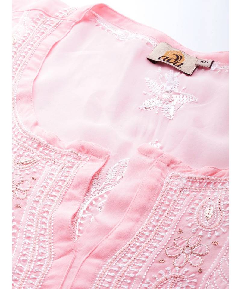 Ada Hand Embroidered Pink Georgette Chikan Kurta-Slip With Gotapatti Work - A411112