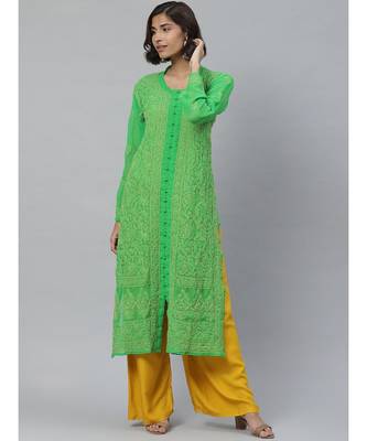Ada Hand Embroidered Green Georgette Lucknowi Chikankari Kurti 1