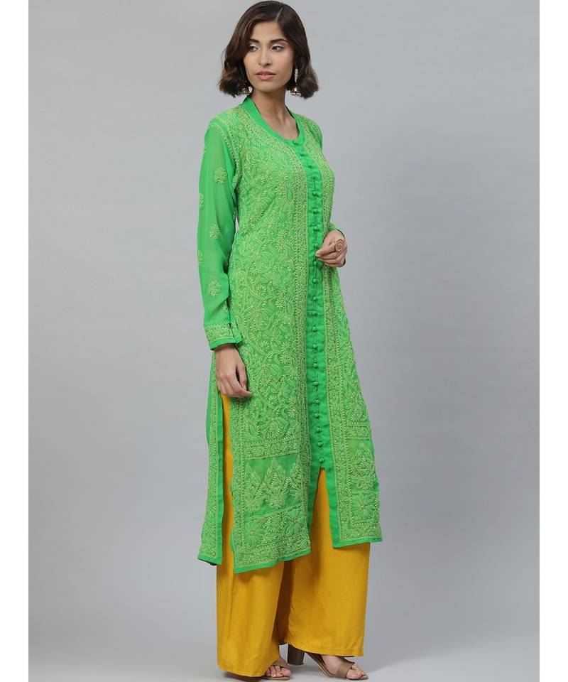 Ada Hand Embroidered Green Georgette Lucknowi Chikankari Kurti