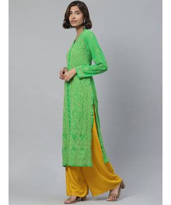 Ada Hand Embroidered Green Georgette Lucknowi Chikankari Kurti 3
