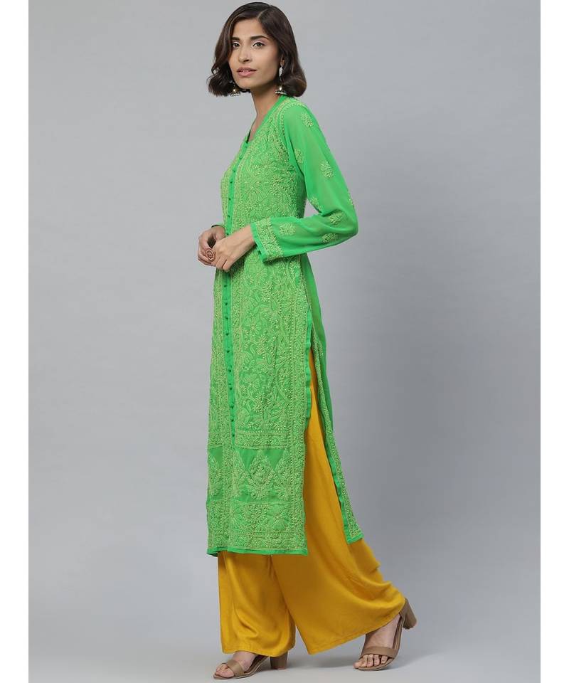 Ada Hand Embroidered Green Georgette Lucknowi Chikankari Kurti