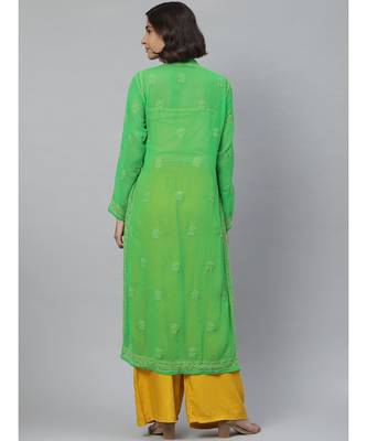 Ada Hand Embroidered Green Georgette Lucknowi Chikankari Kurti 4