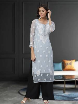 Hand Embroidered Grey Georgette Lucknowi Chikan Women Kurta With Slip 1