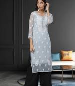 Hand Embroidered Grey Georgette Lucknowi Chikan Women Kurta With Slip