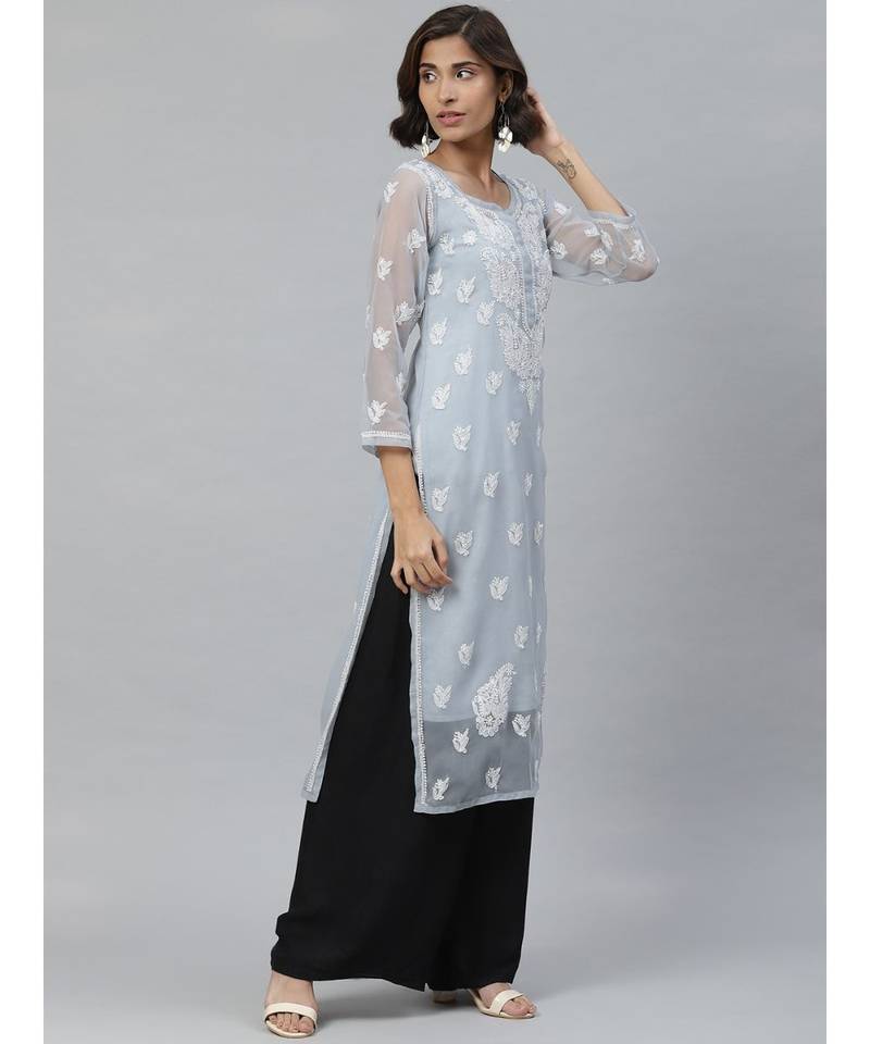 Hand Embroidered Grey Georgette Lucknowi Chikan Women Kurta With Slip