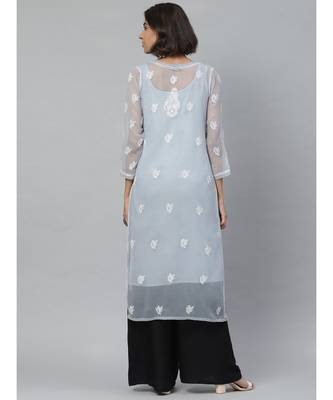 Hand Embroidered Grey Georgette Lucknowi Chikan Women Kurta With Slip 3