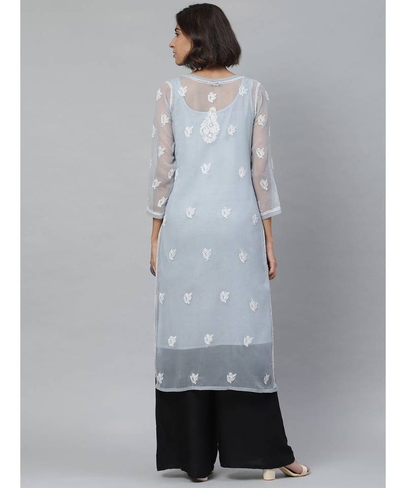 Hand Embroidered Grey Georgette Lucknowi Chikan Women Kurta With Slip
