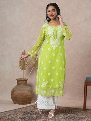 Hand Embroidered Green Georgette Lucknowi Chikan Women Kurta With Slip 1