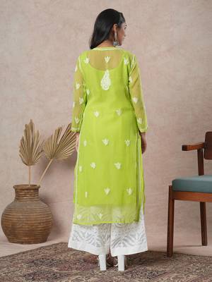 Hand Embroidered Green Georgette Lucknowi Chikan Women Kurta With Slip 2