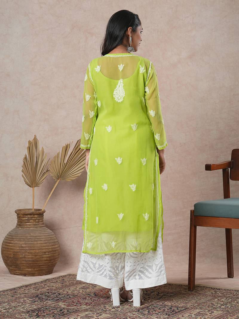 Hand Embroidered Green Georgette Lucknowi Chikan Women Kurta With Slip