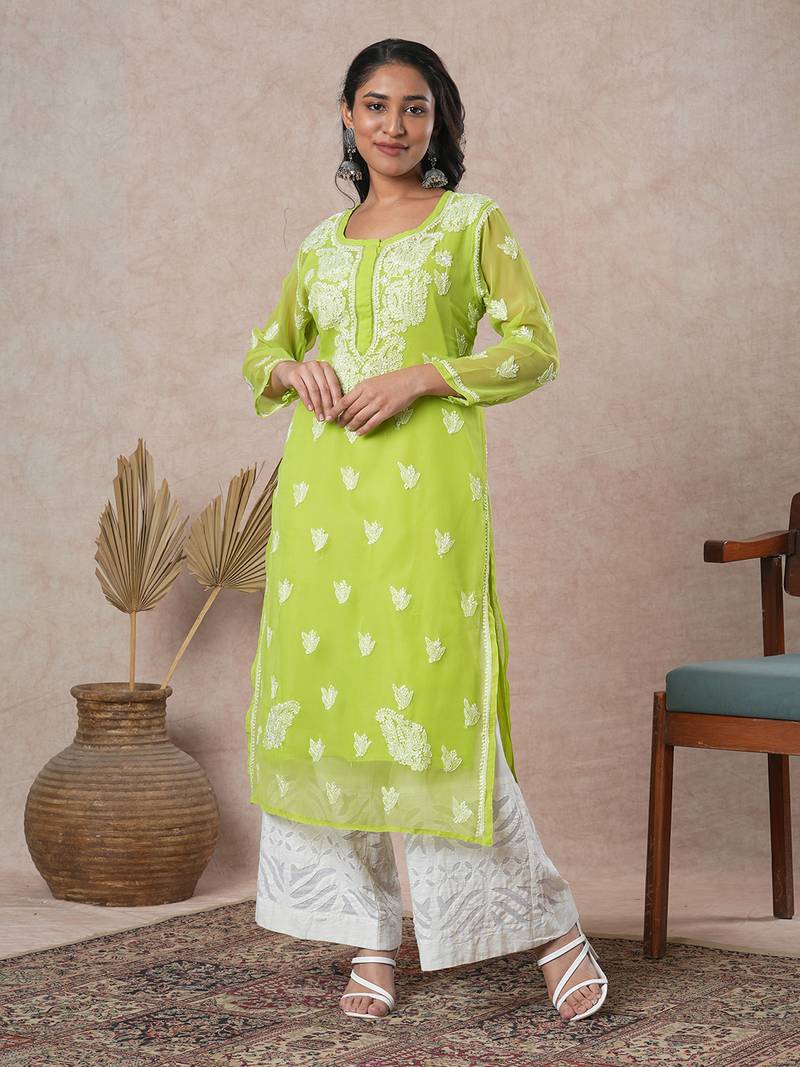 Hand Embroidered Green Georgette Lucknowi Chikan Women Kurta With Slip