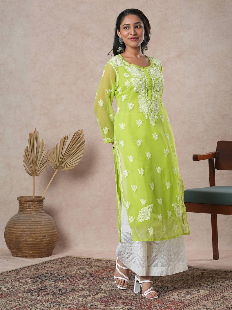 Hand Embroidered Green Georgette Lucknowi Chikan Women Kurta With Slip