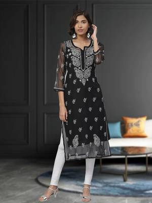 Ada Hand Embroidered Black Georgette Lucknowi Chikan Women Kurta With Slip - A411129 1