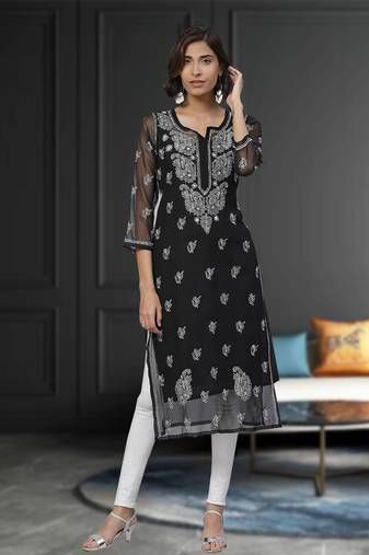 Ada Hand Embroidered Black Georgette Lucknowi Chikan Women Kurta With Slip - A411129