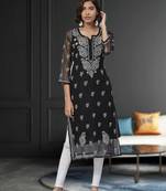 Ada Hand Embroidered Black Georgette Lucknowi Chikan Women Kurta With Slip - A411129