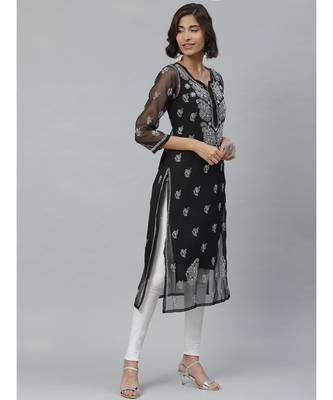Ada Hand Embroidered Black Georgette Lucknowi Chikan Women Kurta With Slip - A411129 2